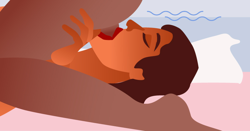 A woman engaging in teabagging. 