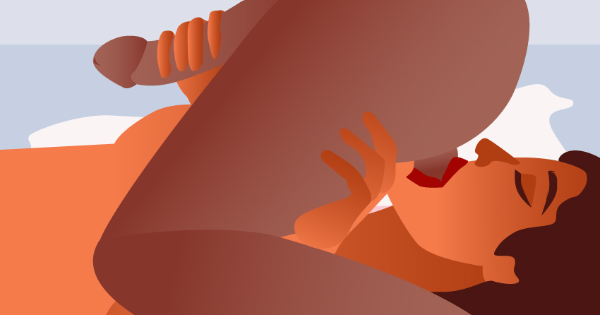A woman teabagging her boyfriend while stroking his penis. 