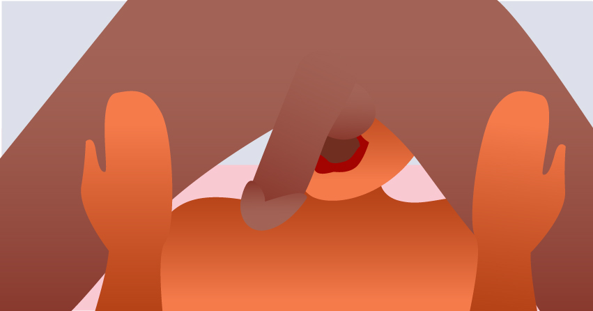 A woman engaging in teabagging. 