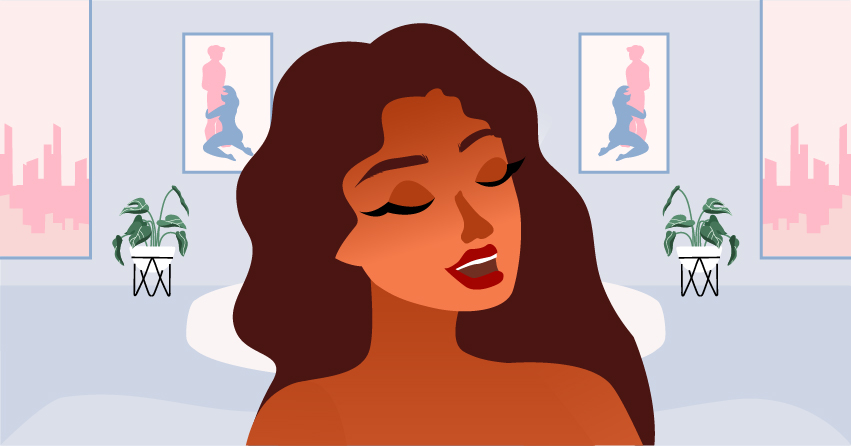 A naked woman opening her mouth wide. 