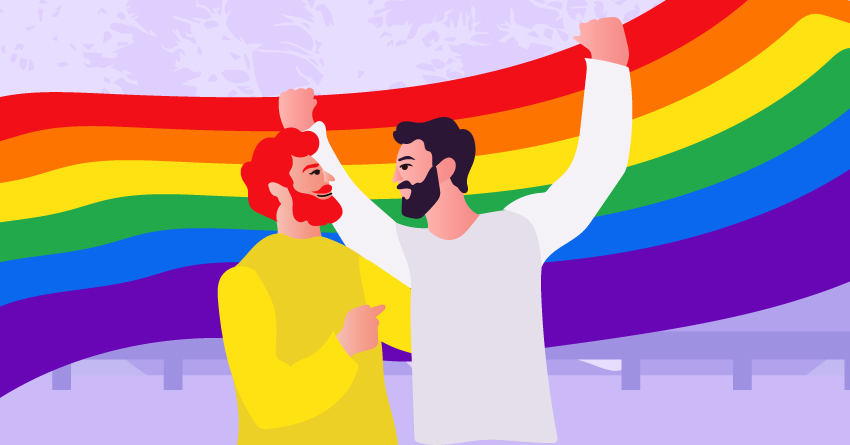 A gay couple raising the pride flag. 