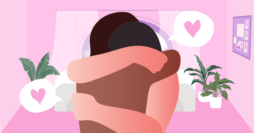 A naked couple hugging each other. 