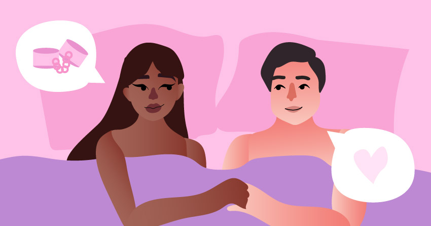 A couple having a post-sex discussion in the bed. 