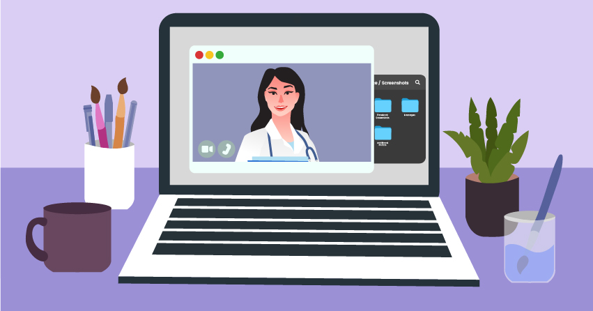 A laptop showing a video call with a medical professional in the screen, while there are mugs, pens, paint brushes, and small plants around it. 
