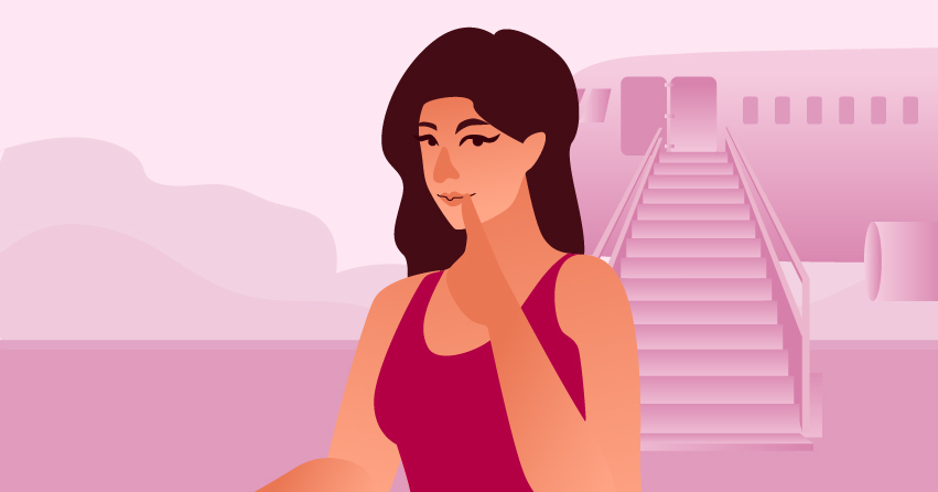 A woman smirking. 