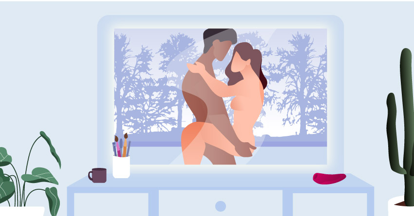 A couple having sex while standing up in front of a mirror. 