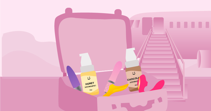 A suitcase filled with sex toys and lubricants. 