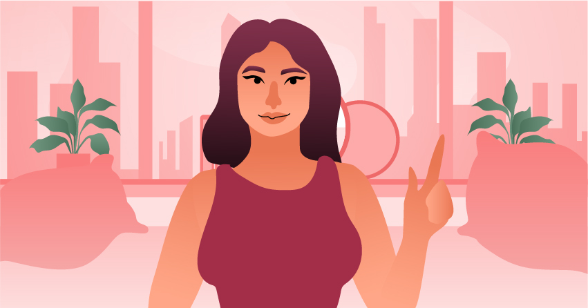 A smiling woman with her index finger pointing upwards. 
