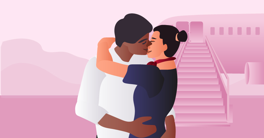 A female flight attendant kissing her boyfriend. 