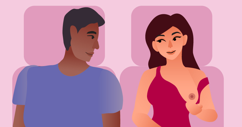 A woman showing off her boobs on her boyfriend while they're in a plane. 