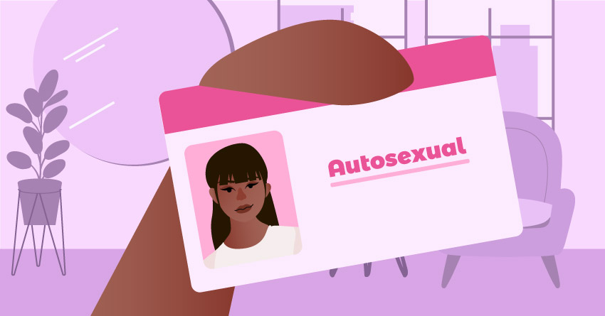 An ID tag with a photo of a woman and "autosexual" tag in it. 
