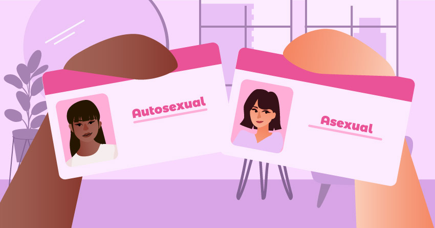 ID tags that show two women, with labels "autosexual" and "asexual" on each tag. 