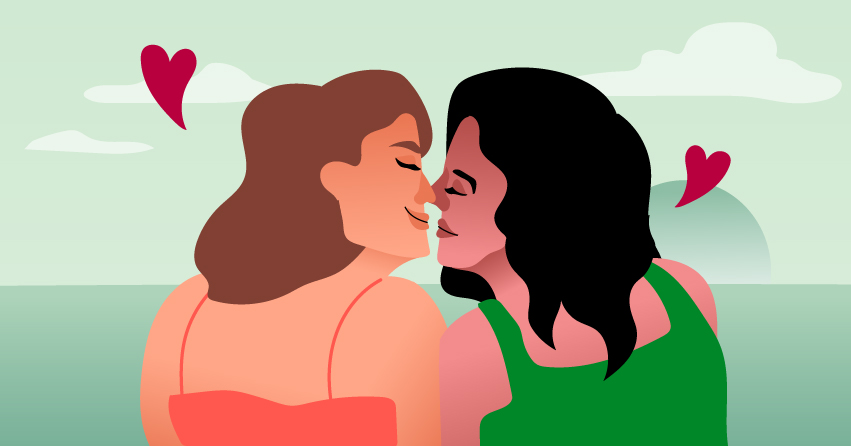 A lesbian couple sharing an eskimo kiss. 