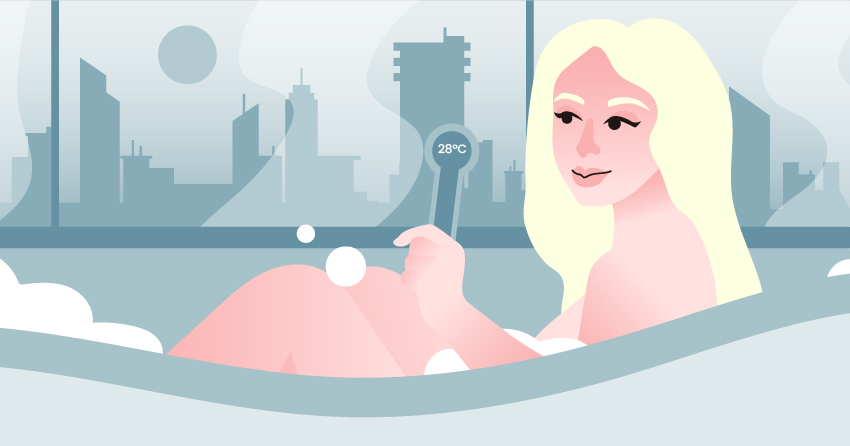 A woman checking the temperature of her bubble bath. 