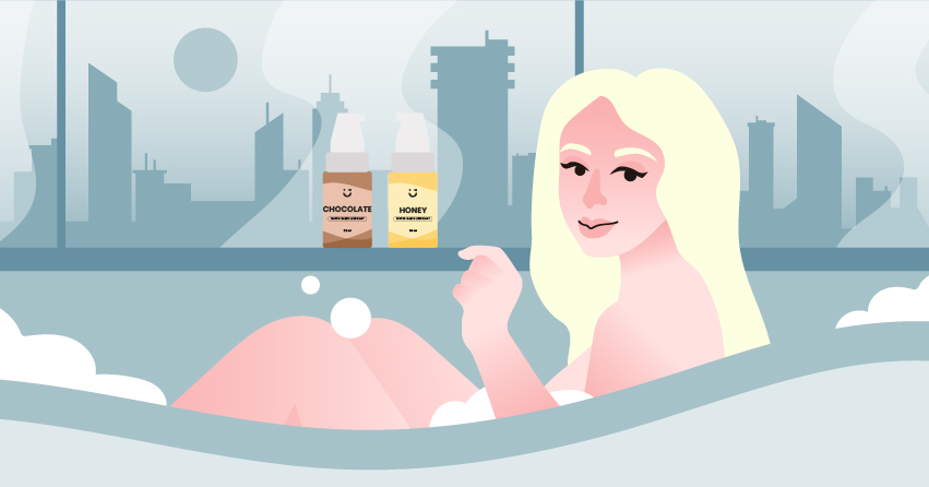 A woman having a bubble bath, while two bottles of lubricant is on the side. 