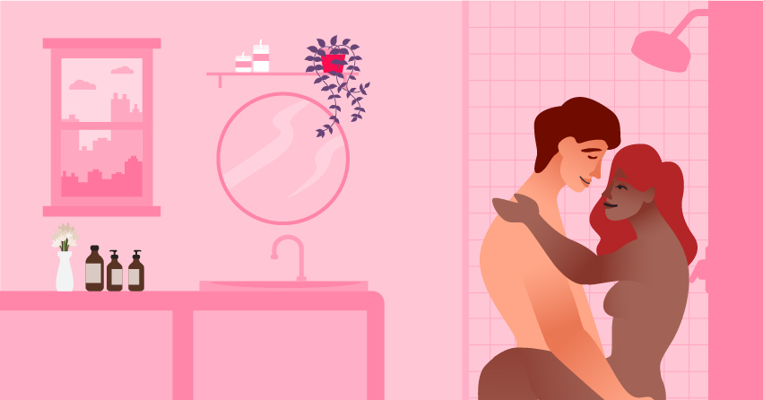 A couple having sex in the shower. 