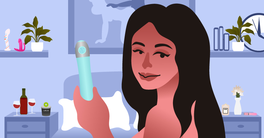 A woman holding a classic vibrator. 