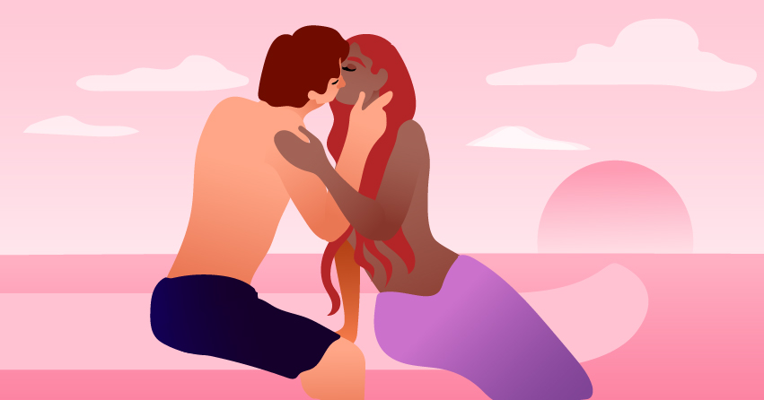 A mermaid and man kissing while the sun is setting. 