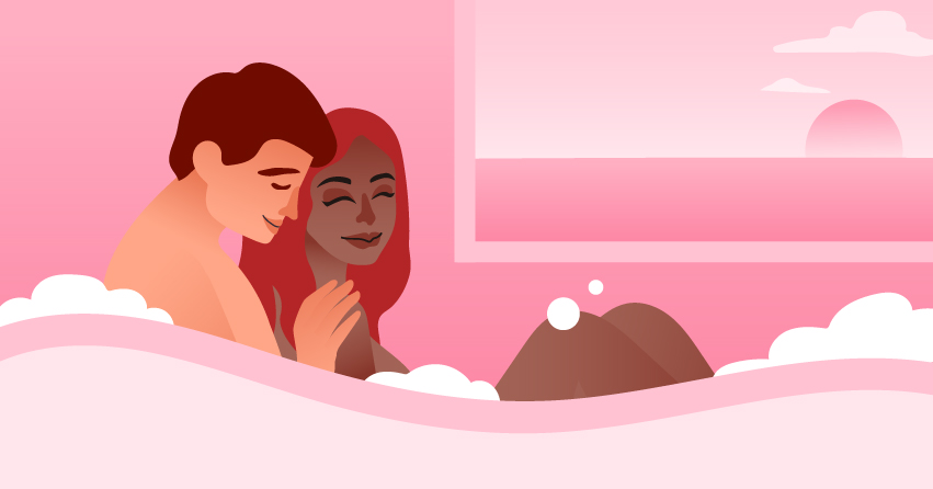 A couple having sex in the bathtub. 