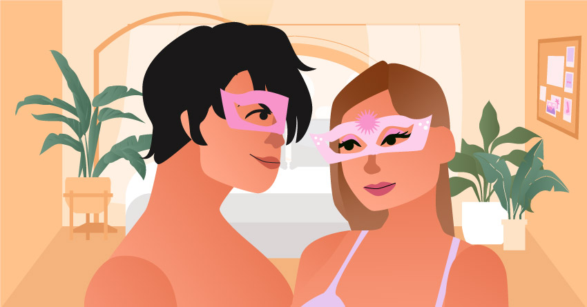 A couple wearing a mask, ready to create a sex tape.