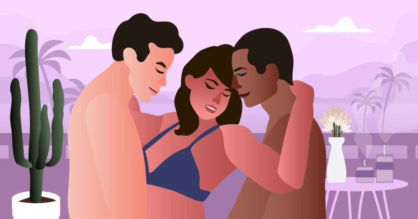 A woman and two men engaging in threesome sex. 