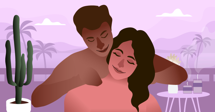 A man massaging his girlfriend's shoulders aftex sex. 