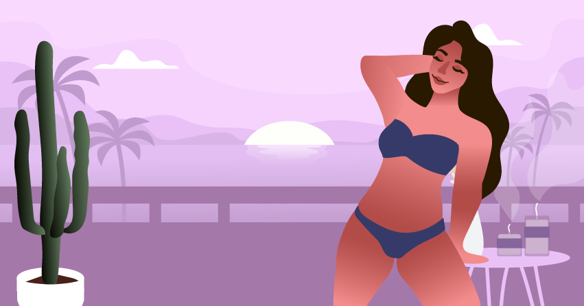 A woman in her swimsuit daydreaming about sex. 