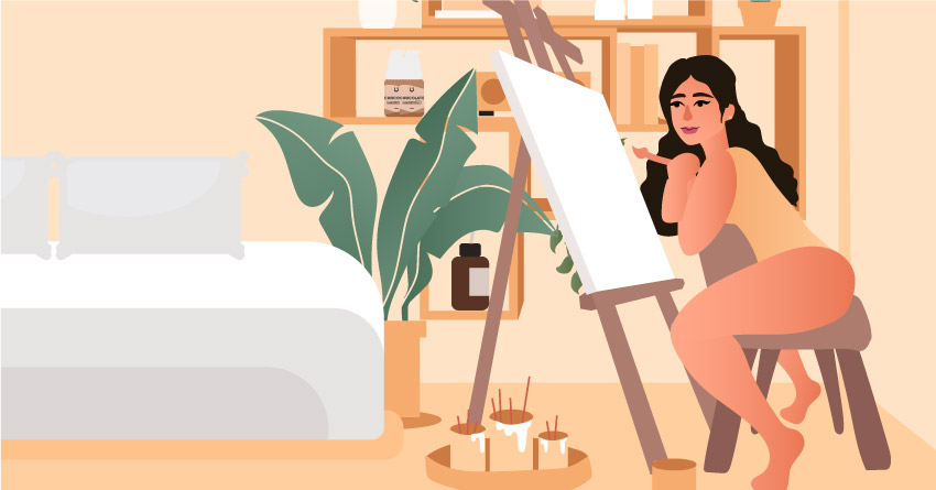 A woman painting in her bedroom. 