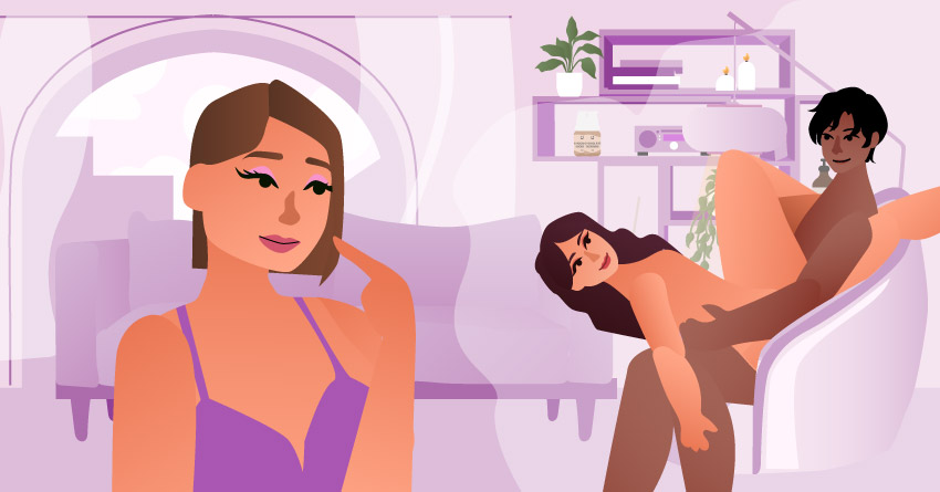 A woman engaging in cuckolding kink, watching her boyfriend have sex with another woman. 