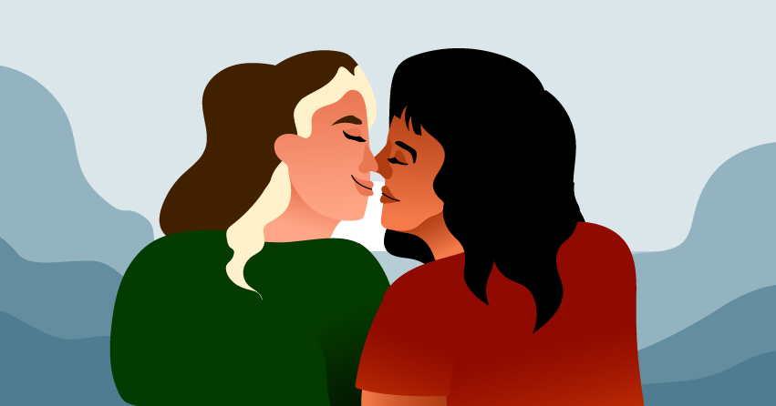 Two women having Eskimo kiss. 
