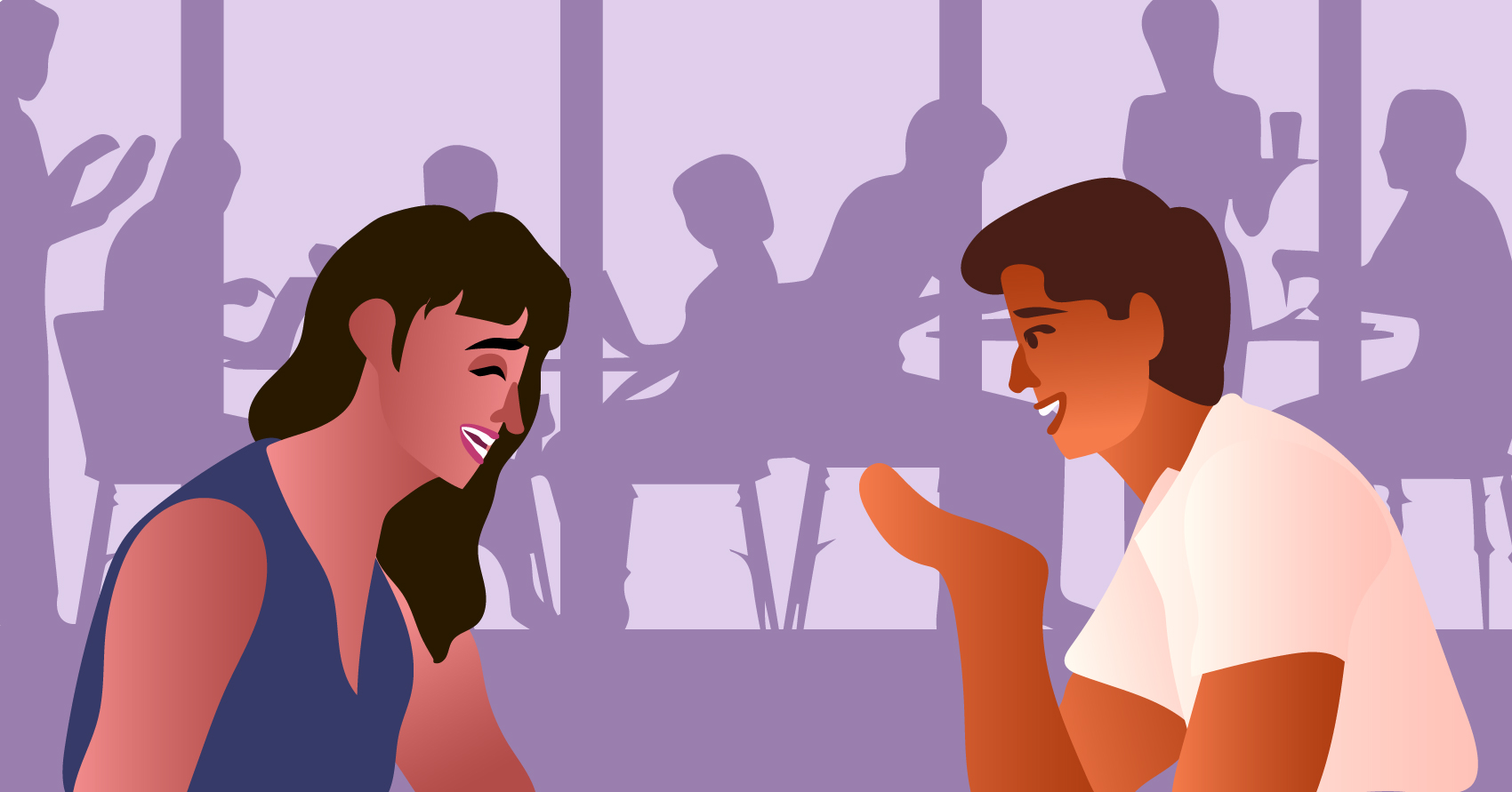 A couple talking in a restaurant. 