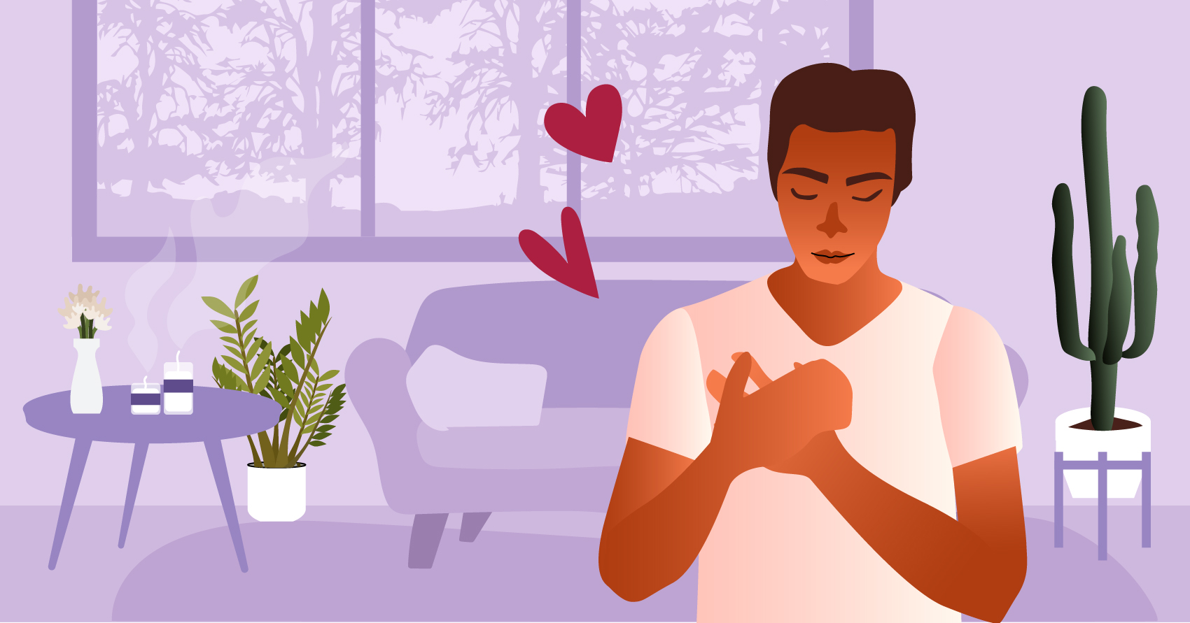 A man with his palms pressed in his chest. 