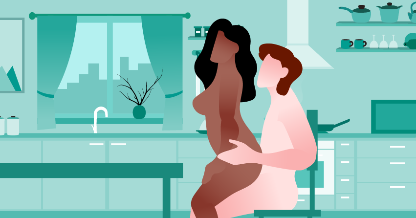 A couple having sex at the dining table. 