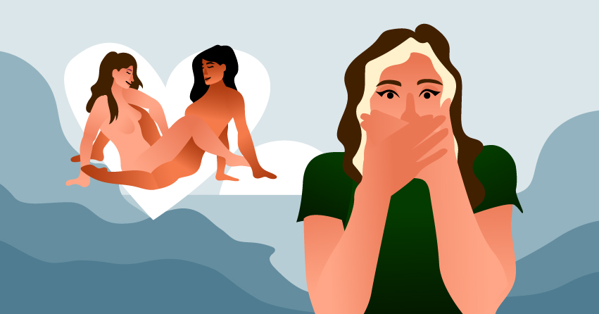 A woman looking shocked while there's an illustration of to women having sex next to her. 