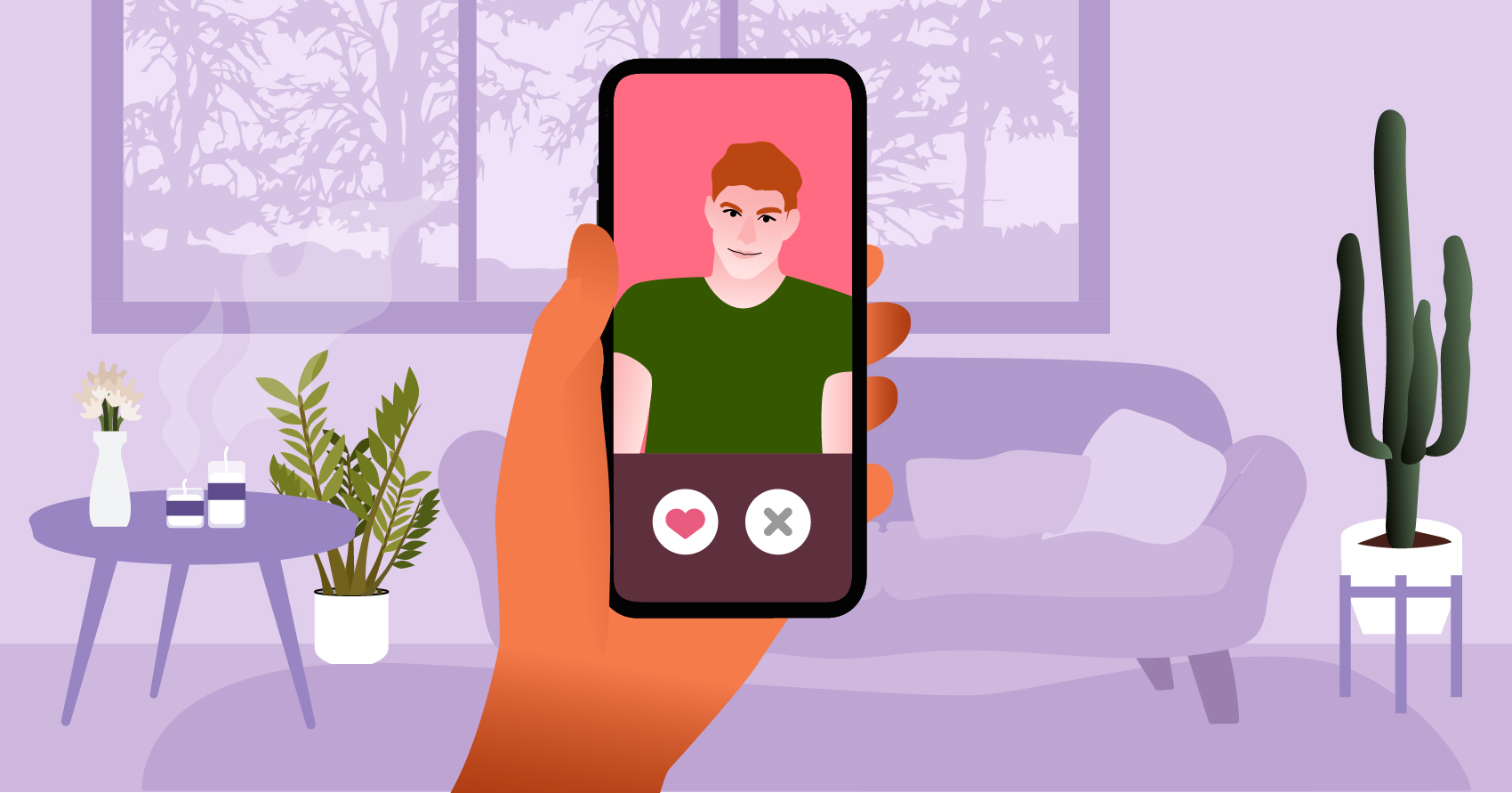 A phone with a screenshot of a dating app. 
