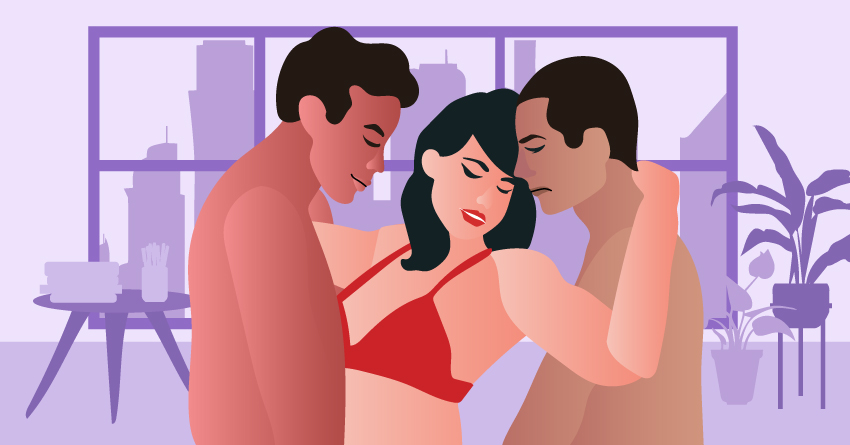 A woman having sex with two men. 