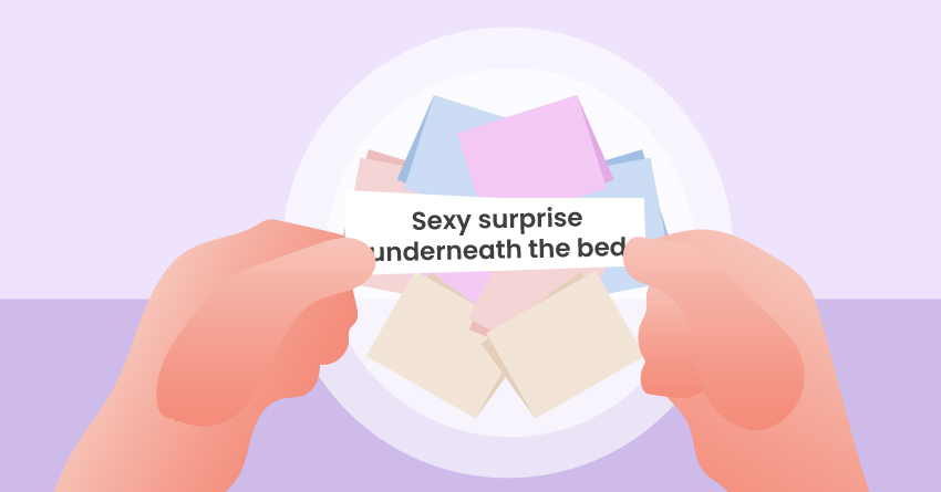 A person holding a note that says "sexy surprise underneath the bed." 