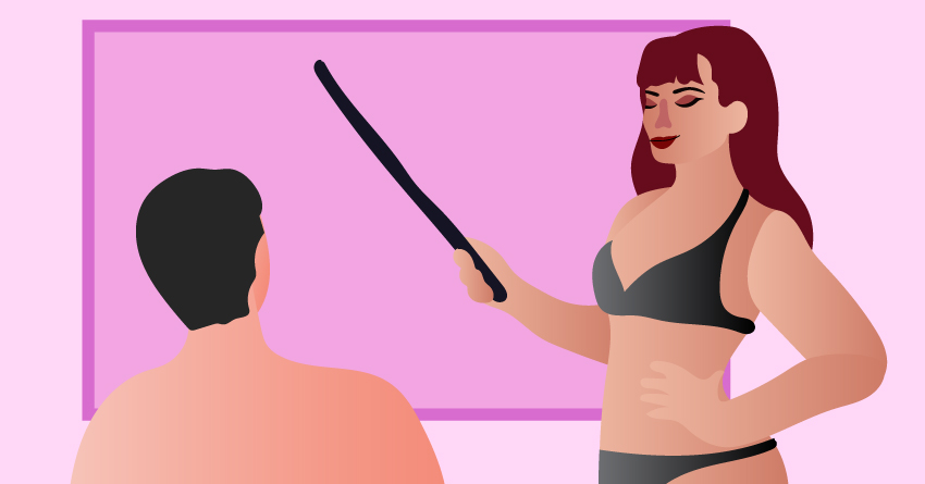 A woman in her underwear holding a pointer stick. 