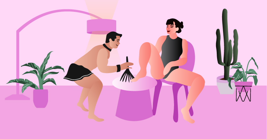 A roleplay involving a man wearing sexy maid clothing, while the woman plays the owner role. 