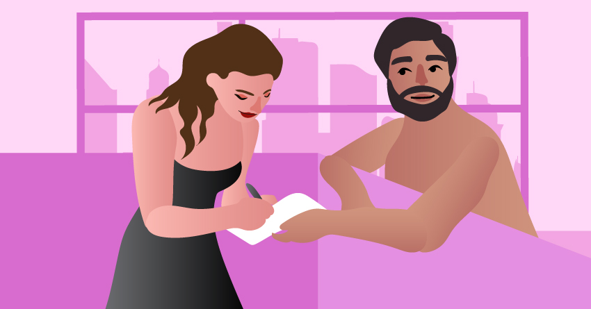 A woman signs an autograph to a semi-naked man. 