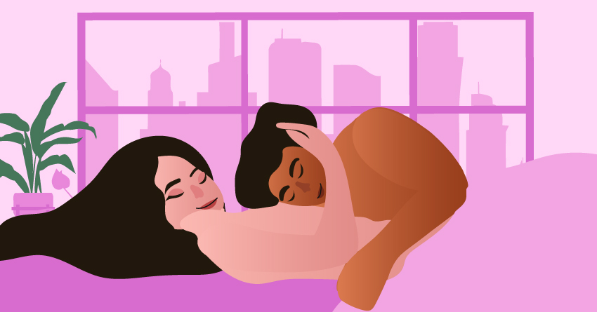 A naked couple cuddling. 