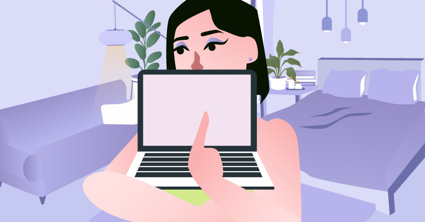 A woman pointing something in her laptop's screen. 