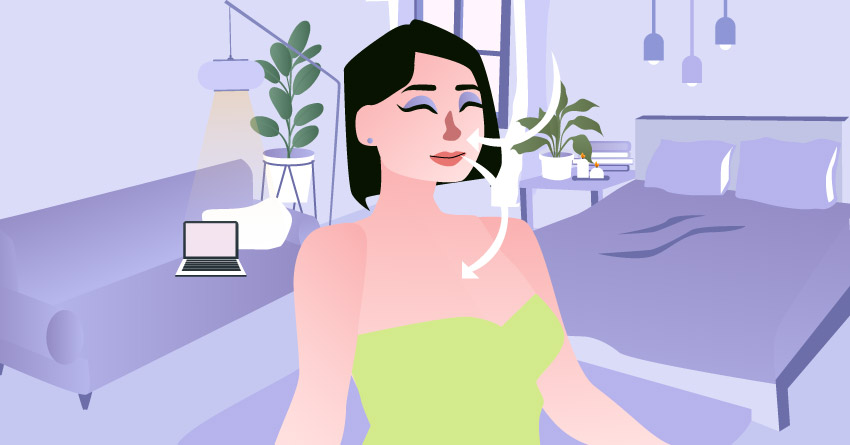 A woman doing breathing exercises. 