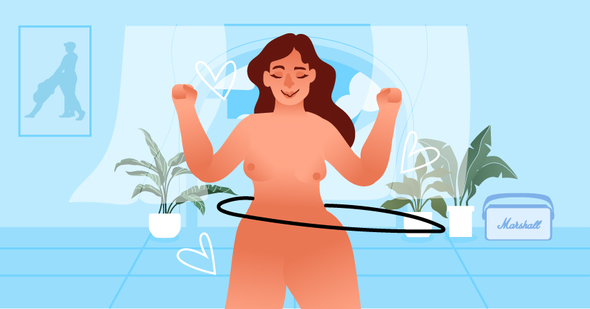 A naked woman hula-hooping. 