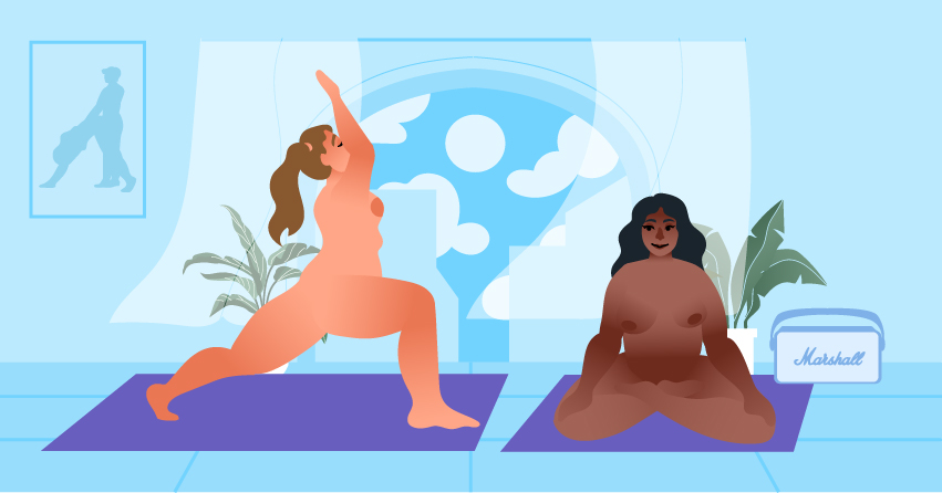 Two naked woman doing yoga. 