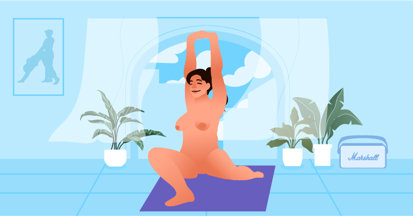 A naked woman doing yoga. 