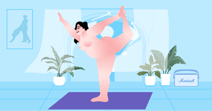 A plus-sized naked woman doing a yoga pose. 