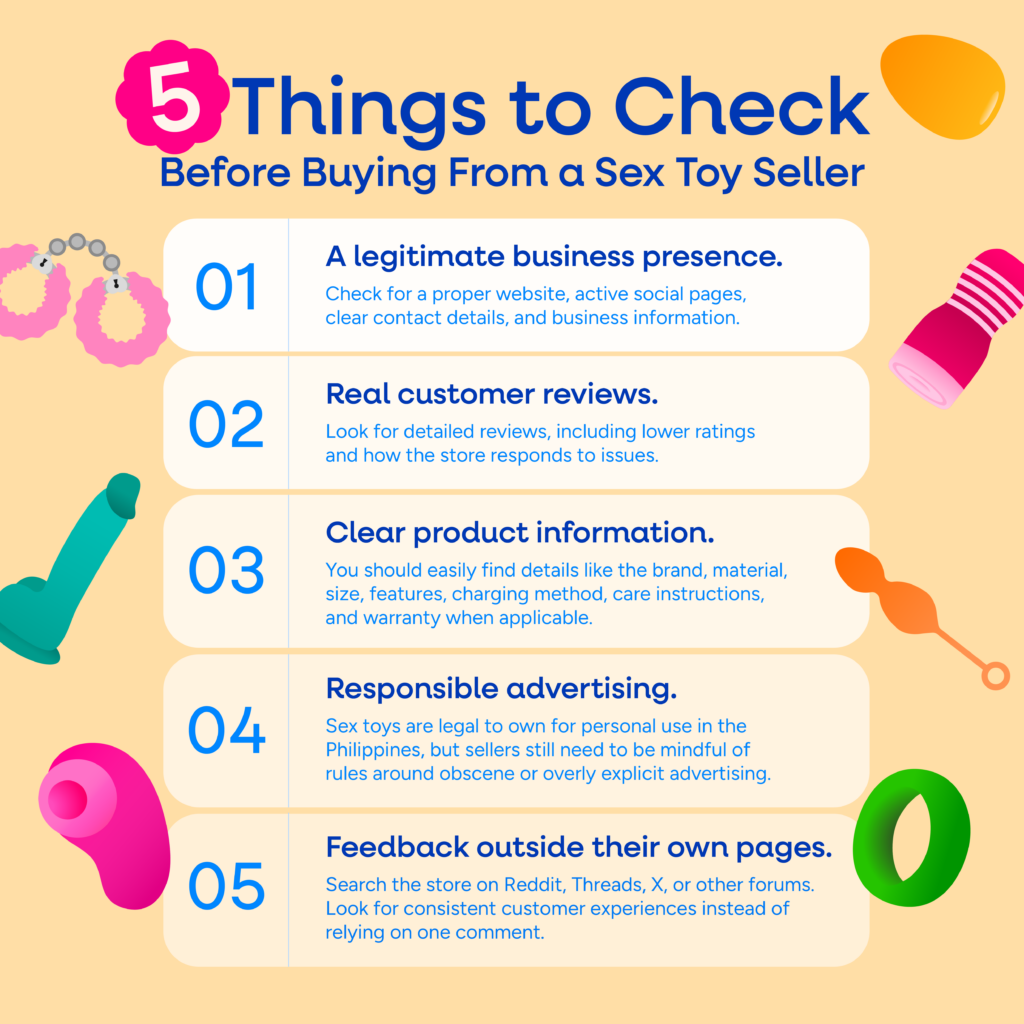 An infographic showing different things to check if a sex toy seller is legit or not.