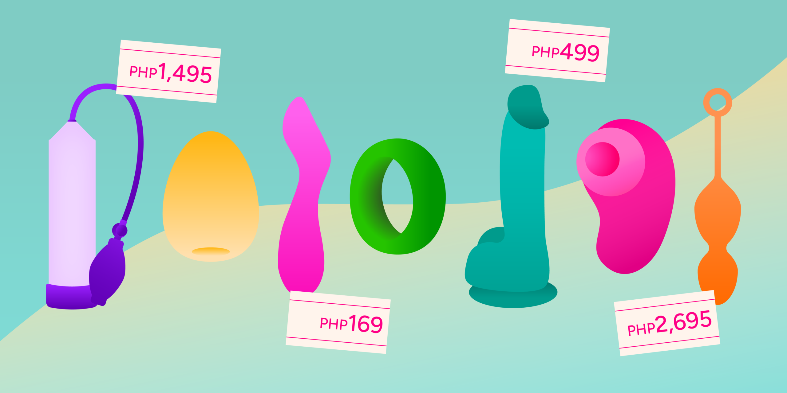 An illustration showing different types of sex toys with prices.